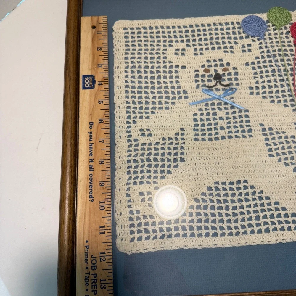 VTG 80s Crochet Teddy Bear‎ Balloons Wall Art Custom Framed Decor Cottage Whimsy